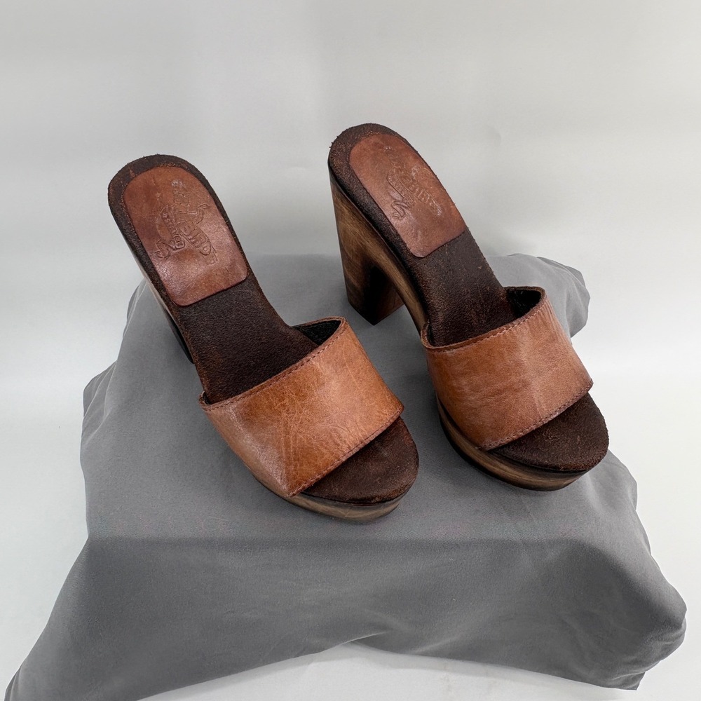 Freebird by Steven Cuba Tan Leather Wood Platform Clog Sandals Womens 7 FB-CUBA - Picture 1 of 14